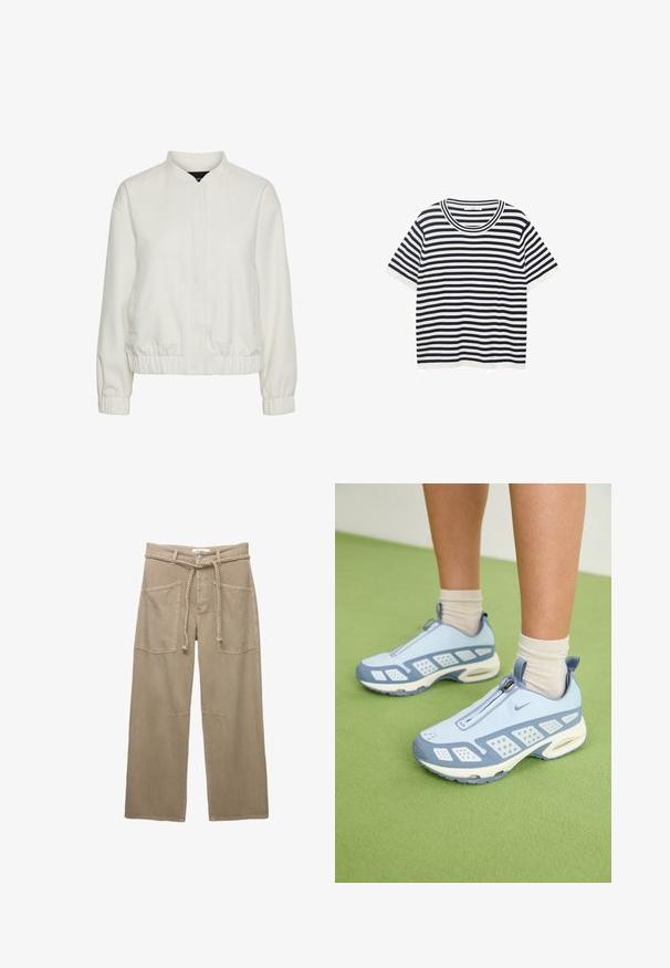 Lätt vit bomberjacka med ståkrage, elastiska ärmslut och nederkant, med två framfickor och en texturerad tygkvalitet.; Randig t-shirt i bomull med marinblå och vita horisontella ränder, har en rund halsringning och korta ärmar. Slät textur.; Beige vida byxor gjorda av hållbart tyg, med stora framfickor, ett flätat bälte och subtila sömdetaljer.; Ljusblå sportskor med vita detaljer, texturerade paneler och dragkedjestängning. Har en synlig luftdämpande sula och gummiyttersula.
