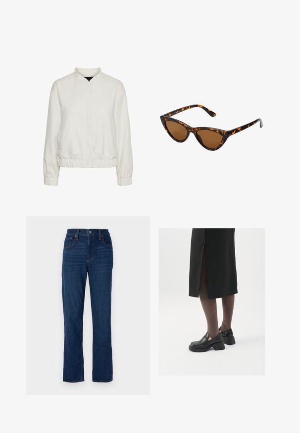 Veste bomber blanche légère avec col montant, poignets et ourlet élastiques, présentant deux poches avant et un tissu texturé.; Débardeur blanc sans manches en tissu côtelé, doté d'un col rond et d'une silhouette ajustée, avec des coutures minimales et sans ornements.; Jean droit en denim bleu foncé avec un design à cinq poches, des coutures orange et une fermeture à bouton au niveau de la taille.; Chaussures noires en cuir avec un bout arrondi, un épais talon bloc et des accents latéraux élastiques, associées à des bas foncés et une jupe noire avec une fente.; Lunettes de soleil style œil de chat avec une monture en écaille de tortue noire et orange, verres marron et pointes effilées et élégantes. Présente un logo minimaliste sur la branche.; Boucles d'oreilles en argent en forme de créoles avec un design torsadé, dotées d'une finition polie et d'une fermeture à poussoir. Mesurent environ 3 cm de diamètre.