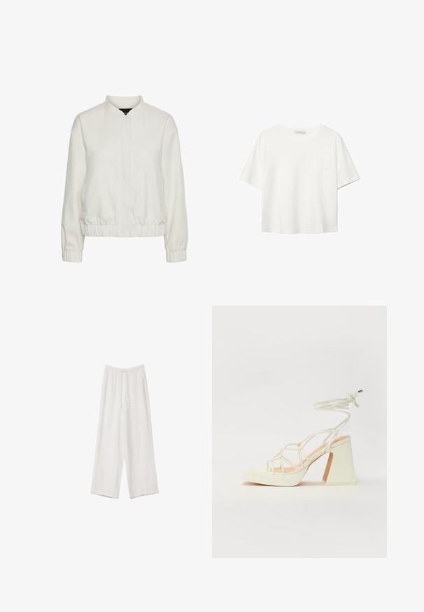 Lahka bela bomberska jakna z visokim ovratnikom, elastičnimi manšetami in robom, z dvema sprednjima žepoma in teksturirano tkanino.; Bela kratka majica s kratkimi rokavi iz bombaža. Ima okroglo izrezovanje in sproščen kroj. Gladka tekstura brez vidnih vzorcev ali poudarkov.; Bele široke hlače iz lahkega materiala. Imajo elastičen pas s vrvico in stranske žepe. Gladka tekstura.; Bela sandala na visokih petah s debelim petam, ki ima obliko trakcev in vezanje okoli gležnja. Gladka tekstura z platformo spredaj za dodatno višino.
