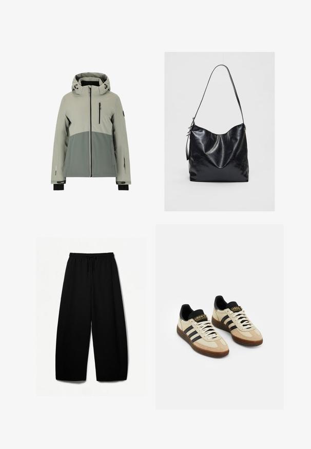 Veske vettentett jakke i lys og mørk grå, med hette, glidelåslommer, elastiske mansjetter og et sporty design med fargeblokkering.; Vaaleanbeige lyhyt neulepaita, joka on valmistettu pehmeästä neulekankaasta, ja siinä on leveä kaula-aukko, roikkuvat olkaimet sekä resorikuvioidut hihansuut ja helma.; Mustat leveät housut, joissa on joustava vyötärö ja kiristysnauha. Pehmeä kangas, jossa on sileä pinta. Suora leikkaus, jossa on sivusaumat.; Beige mokkan urheilu kengät mustilla nahka yksityiskohdilla, valkoisilla nauhoilla ja ruskealla kumipohjalla. Kolme mustaa raita kummallakin sivulla.; Mustassa nahkakäsilaukussa on pehmeä, tekstuuroitu pinta. Sen muotoilu on kaartuva ja siinä on yksi säädettävä olkahihna. Ei ylimääräisiä kiinnikkeitä.