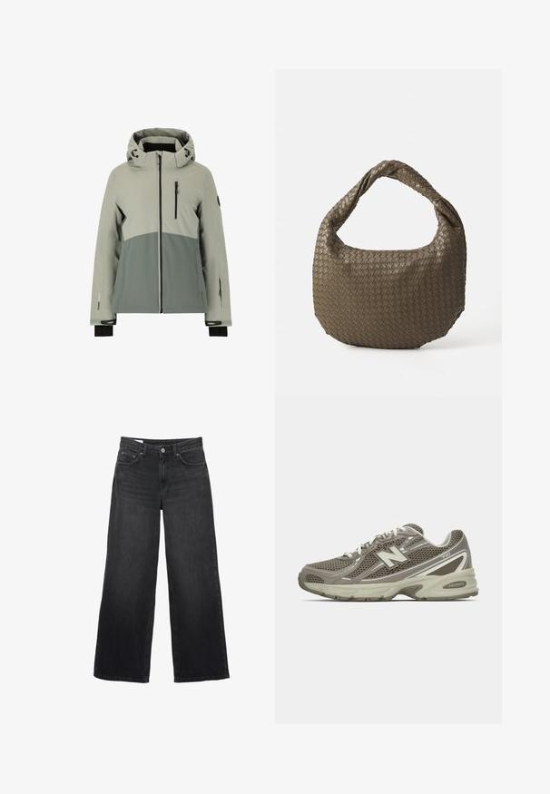 Water-resistant jacket in light and dark gray, featuring a hood, zippered pockets, elastic cuffs, and a sporty design with color blocking.; Cream-colored sweater made of soft fabric, featuring a round neckline, long sleeves, and a cropped hem. Simple and minimal design.; Black wide-leg jeans made of denim. Features a classic five-pocket design, a straight silhouette, and a front button closure.; Athletic shoe in grey and beige mesh with a textured surface, featuring a cushioned sole, white laces, and reflective silver accents.; Woven olive green handbag with a rounded shape and a twisted handle. Textured surface features a diagonal pattern. Zipper closure.