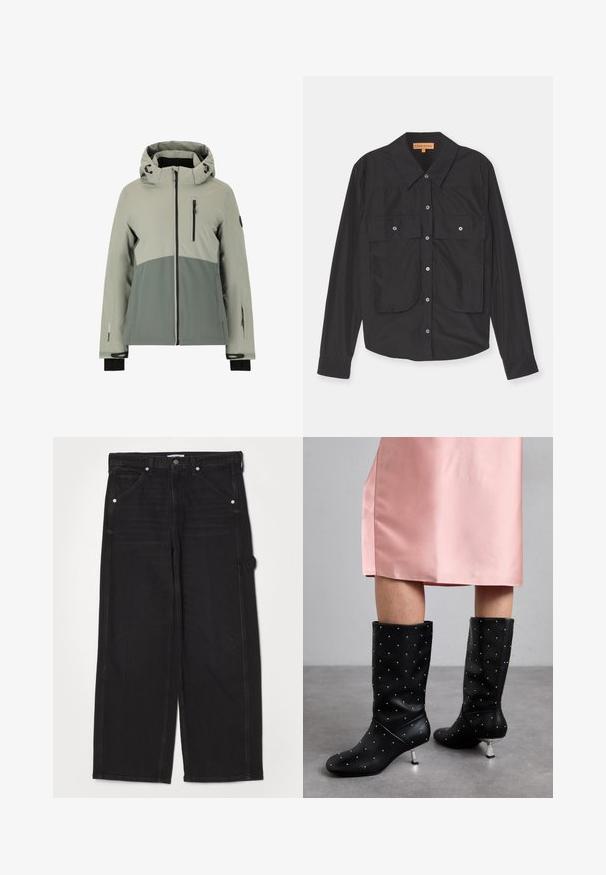 Vandafvisende jakke i lys og mørk grå, med hætte, lynlåslommer, elastiske manchetter og et sporty design med farveblokke.; Sort skjorte med lange ærmer og spidse krave, to frontlommer og knaplukning. Lavet af glat materiale med en let blank overflade.; RE/DONE PAINTER JEAN - Jeans Relaxed Fit - crafted black; Sorte knæhøje støvler lavet af glat materiale, med et subtilt nittermønster og sølvfarvet hæl. Sat sammen med en lyserød satin kjole.