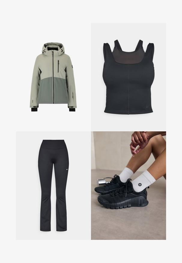 Waterdichte jas in licht- en donkergrijs, met een capuchon, ritszakken, elastische manchetten en een sportief ontwerp met kleurblokken.; Zwarte sportbh met een verstelbaar ontwerp, brede schouderbanden en een gaasoverlay aan de voorkant. Gladde textuur en minimale naden. Nike-logo aan de onderkant.; Zwarte sportleggings met een hoge tailleband, gemaakt van glad, rekbaar materiaal. Voorzien van een klein wit Nike-logo op de linker dij.; Zwarte sport schoenen van een gestructureerde stof, met vetersluiting en een opvallende zool, gecombineerd met witte geribbelde sokken met een klein logo.