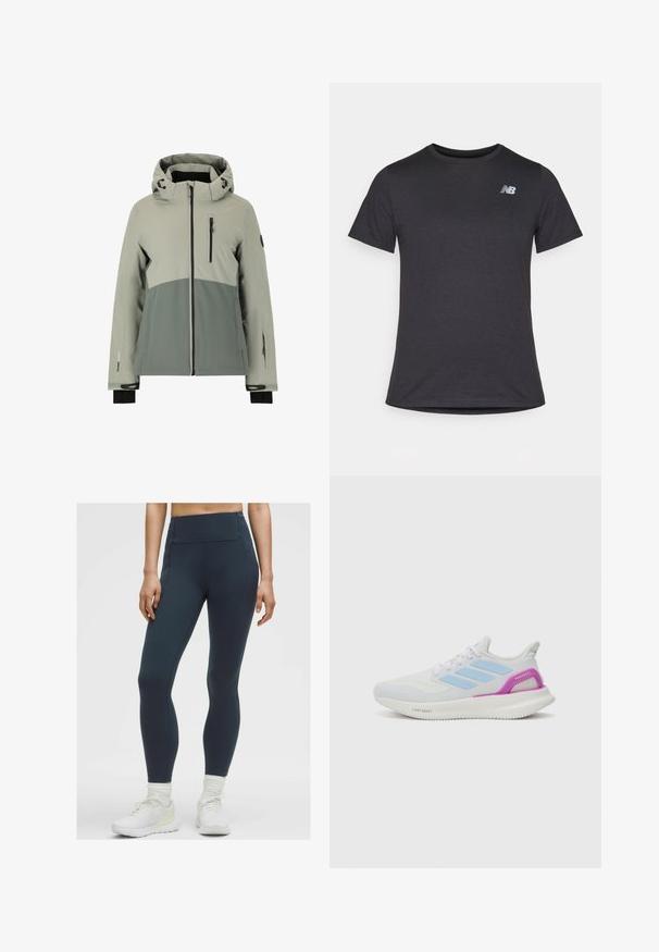 Kurtka wodoodporna w jasnoszarym i ciemnoszarym kolorze, z kapturem, kieszeniami zapinanymi na zamek, elastycznymi mankietami oraz sportowym stylem w kolorowych blokach.; Czarny t-shirt z krótki rękawem, wykonany z miękkiej tkaniny, z małym szarym logo New Balance na górnej lewej części klatki piersiowej, klasyczny krój z okrągłym dekoltem.; Legginsy wysokogatunkowe w ciemnoniebieskim kolorze, wykonane z elastycznego, gładkiego materiału z płaskimi szwami i bez widocznych kieszeni, w połączeniu z białymi butami sportowymi.; adidas Performance PUREBOOST 5 biały