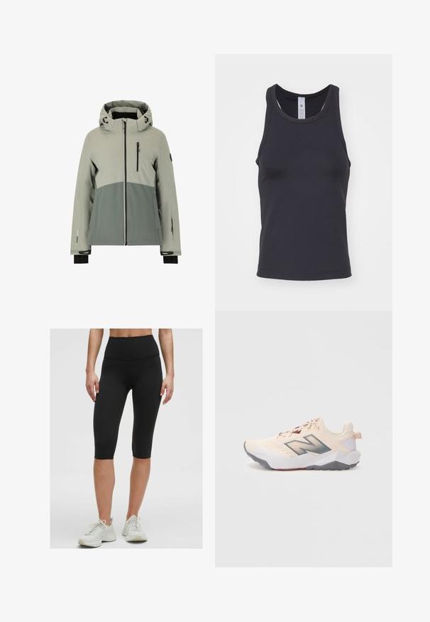 Chaqueta resistente al agua en gris claro y oscuro, con capucha, bolsillos con cremallera, puños elásticos y un diseño deportivo con bloques de color.; Top negro sin mangas hecho de un tejido suave y elástico. Presenta un escote redondeado y tirantes anchos, diseñado para un ajuste ceñido.; Pantalones cortos de ciclismo negros de cintura alta, hechos de una tela elástica y suave, que terminan justo debajo de la rodilla, combinados con zapatillas deportivas de color claro.; Zapatilla deportiva de color beige claro con suela gris, logo "N" en gris oscuro y detalles en color marrón, vista desde el lado izquierdo sobre un fondo blanco.