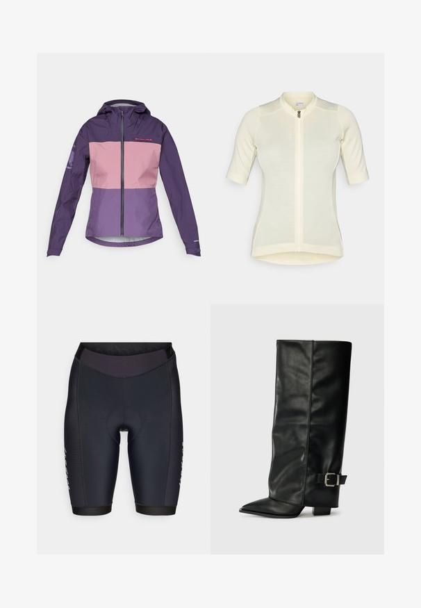 Fialová a růžová voděodolná bunda se zipem vpředu, nastavitelnou kapucí a kontrastními panely. Na hrudi a rukávech se nachází logo.; Světlé žluté cyklistické dres s krátkým rukávem, úzký střih, plný zip, jemně texturovaná látka a kulatý límec. Název značky vpředu.; Černé cyklistické kraťasy s přiléhavým designem, vyrobené z hladkého elastického materiálu, s těsným pasem a vyztuženou sedací podložkou.; Černé kožené kotníkové boty až po kotníky s špičatou špičkou, hladkým povrchem a stříbrnou sponou na boku. Masivní čtveritý podpatek.