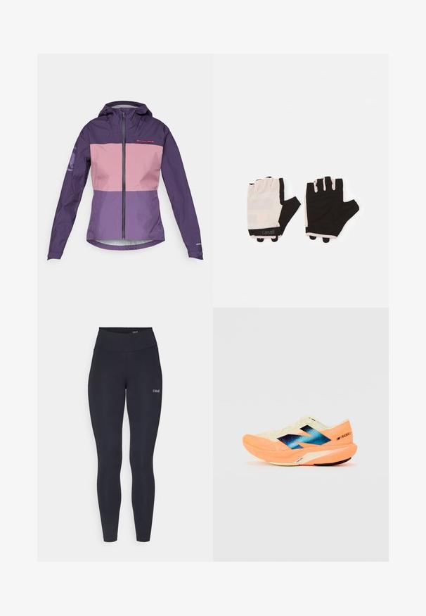 Paarse en roze waterdichte jas met een ritssluiting aan de voorkant, verstelbare capuchon en contrasterende panels. Voorzien van een logo op de borst en mouwen.; Witte short-sleeve t-shirt van gladde stof, met een ronde halslijn en subtiele stiksels bij de zoom.; Zwarte leggings met een hoge tailleband, gemaakt van rekbaar stof, met een klein wit logo op de dij en een gladde textuur.; Hardloopschoen met een lichtgewicht crèmekleurige bovenkant, blauwe branding en oranje accenten op de zool. Mesh textuur voor ademend vermogen.; Fitnesshandschoenen met een lichtroze en zwart ontwerp, gemaakt van ademend materiaal, met een verstelbare polsband en textuuraccenten voor extra grip.