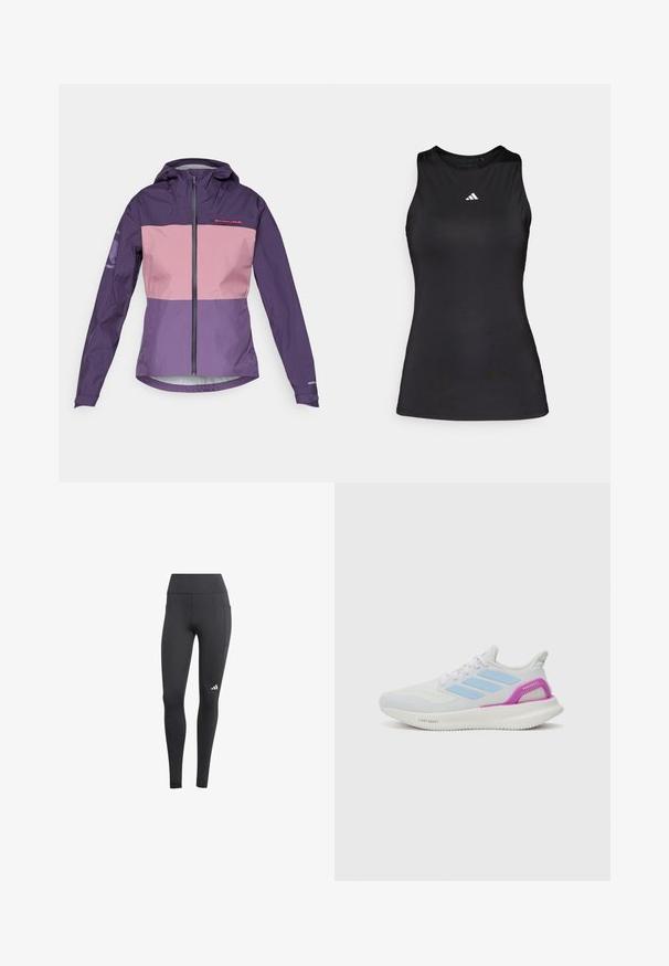Purple and pink waterproof jacket with a zippered front, adjustable hood, and contrasting panels. Features logo on the chest and sleeves.; Black sleeveless athletic top made of smooth fabric. Features a round neckline and a small white Adidas logo on the chest.; Black athletic leggings with a high waistband, featuring a side pocket and a white logo on the lower left leg. Material appears breathable.; adidas Performance PUREBOOST 5 - Road running shoes - white/glow blue/purple burst