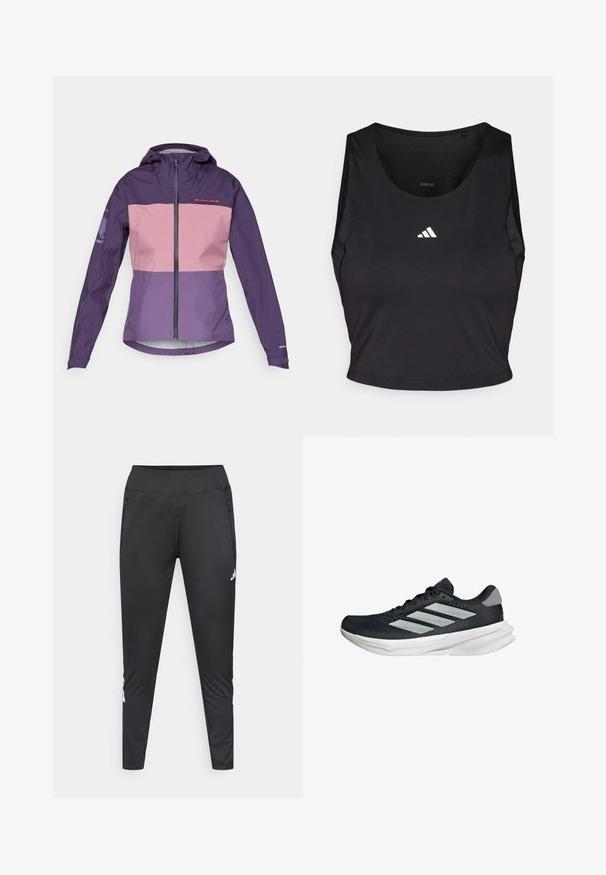 Lilla og pink vandtæt jakke med lynlåslukning, justerbar hætte og kontrasterende paneler. Har logo på brystet og ærmerne.; Sort sports crop top lavet af fugttransporterende stof, med rund hals, ærmeløs design og hvidt logo på brystet.; Sorte atletikbukser lavet af strækbart stof, med en tætsiddende pasform, to lynlåslommer i siderne og et logo på det nederste ben.; Sort løbesko med mesh-overdel, tre sølvstriber, hvid mellemsål og struktureret ydersål. Har polstret krave og snørelukning.
