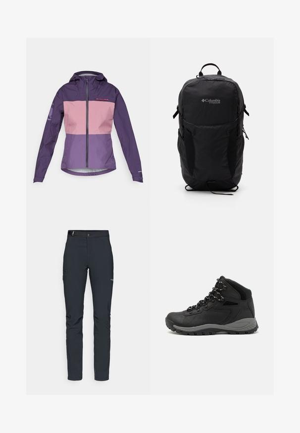 Lilla ja roosa veekindel jakk, kus on lukuga eesmine osa, reguleeritav kapuuts ja kontrastsed paneelid. Rinnal ja varrukatel on logo.; Musternine Columbia T-särk mustas värvuses, millel on valge ümmargune mägi ja jõe joonistus ning tekst "Columbia Sportswear Company Outside Since 1938."; Meeste välkpüksid, tumehallid, valmistatud paindlikest materjalidest, vöökohaga, tõmblukuga taskud ja tugevdatud õmblused.; Mustarjaline matkasaabas, millel on keskmine disain, tekstuuriga ülemine osa, hallid aktsendid ja vastupidav kummist põhi, millel on haardelugesid.; Mustan Columbia Titanium seljakott, millel on sile kangastekstuur, küljetaskud, ülemine käepide ja reguleeritavad rihmad. Minimalistlik disain koos peene brändinguga.