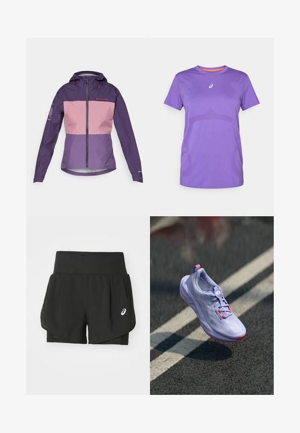 Fialová a ružová neprepustná bunda so zipsom vpredu, nastaviteľnou kapucňou a kontrastnými panelmi. Obsahuje logo na hrudi a rukávoch.; Fialové športové tričko vyrobené z priedušného materiálu. Má okrúhly výstrih, krátke rukávy a diskrétny tónový vzor na prednej strane.; Čierne atletické šortky s priedušným sieťovaným povrchom, vnútorné šortky s hladkou textúrou a bielym logom na ľavej strane.; Svetlofialová bežecká obuv s textúrovaným zvrškom, s ružovými akcentmi, okrúhlym systémom šnurovania a škvrnitou podrážkou, vystúpená nad pozadím z betónového chodníka.