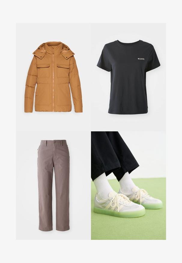 Pruun puffjakker kõrge kraega ja eemaldatava kapuutsiga, millel on kaks rinna taskut ja esine lukustamine. Sile kangatekstuur.; Mustast puuvillane T-särk lühikeste varrukatega, ümara kaeluse ja väikese valge Columbia Sportswear logo'ga vasakul rinnaosal.; Pruunist puuvillast valmistatud twill-püksid sirge jala lõikega, ees nööbiga kinnitamisega ja küljetaskutega, sileda tekstuuriga ja puhaste joontega.; Heledad kingad, mille ülemine osa on valmistatud nahast ja võrkses materjalist, millel on kolm külgriibi, lame kinnituskumm ja poolläbipaistev roheline kummist tald.
