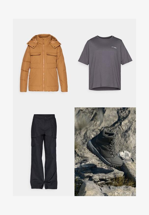 Brūns pūkains mētelis ar augstu apkakli un noņemamu kapuci, kuram ir divas krūšu kabatas un priekšējā rāvējslēdzēja aizdare. Gluda auduma tekstūra.; Īsām piedurknēm pelēks T-krekls, izgatavots no gluda auduma. Ar apaļu kakla izgriezumu un nelielu logotipu, kas drukāts uz krūšu daļas.; Columbia BREA FALLS™ COTTON RIPSTOP PANT - Āra bikses - black; Tumši pelēki pārgājienu zābaki, kas izgatavoti no sintētiskā materiāla, ar mīkstu apkakli, metāla acsļi un teksturētu gumijas zoli labākai saķerei.