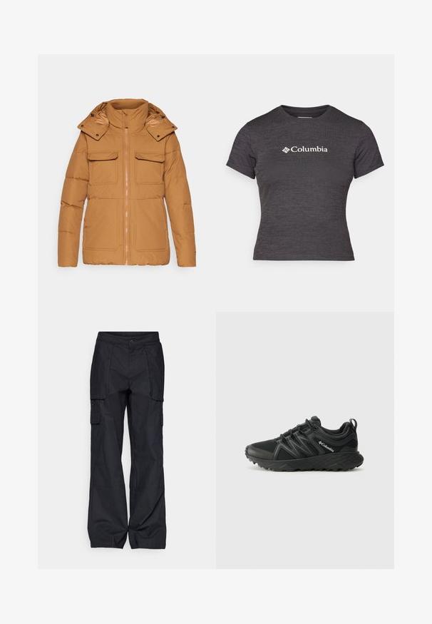 Hnědá péřová bunda s vysokým límcem a odnímatelnou kapucí, se dvěma prsními kapsami a předním zipovým uzávěrem. Hladká textilie.; Tmavě šedé tričko s krátkým rukávem vyrobené z texturované látky s kulatým výstřihem, s bílým logem Columbia přes hruď.; Columbia BREA FALLS™ COTTON RIPSTOP PANT - Outdoorové kalhoty - black; Columbia PEAKFREAK - Trekingové boty - black