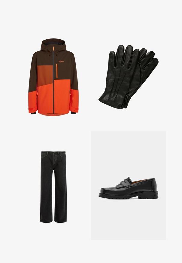 Giacca da sci con cappuccio, caratterizzata da un blocco di colori marrone e arancione, tasche con zip e polsini regolabili. Realizzata in un materiale resistente e impermeabile.; Maglione a maglia grigio scuro con maniche lunghe, scollo a girocollo e un sottile motivo a macchie. Texture morbida e taglio classico, adatto per essere indossato a strati.; Jeans wide-leg in denim nero con vita alta, caratterizzati da un classico design a cinque tasche e da un leggero sbiadimento per un aspetto testurizzato.; I mocassini in pelle nera presentano una cucitura sollevata, due fasce decorative sulla parte superiore e una suola spessa e texture per una maggiore aderenza.; Guanti in pelle nera con una texture liscia, cinque dita e dettagli di cucitura sottili. Design classico, adatti per l'uso in clima freddo.