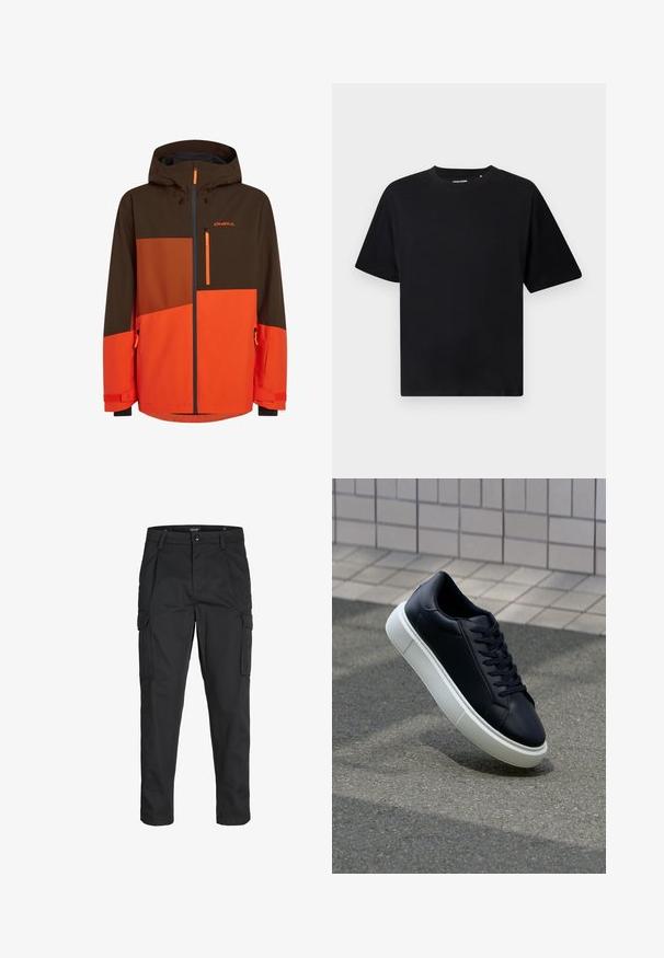 Ski bunda s kapucí, která se vyznačuje kombinací hnědé a oranžové barvy, zipovými kapsami a nastavitelnými manžetami. Vyrobena z odolného, na počasí odolného materiálu.; Černé triko s krátkým rukávem a kulatým výstřihem, volného střihu, zobrazené na bílém pozadí.; Černé cargo kalhoty vyrobené z odolné tkaniny, s mnoha kapsami, knoflíkovým zapínáním a slim fit střihem se zúženými nohavicemi.; Černé kožené tenisky s kulatou špičkou a bílou gumovou podrážkou. mají ploché tkaničky a minimální šití na svršku. Texturovaná podrážka pro lepší přilnavost.