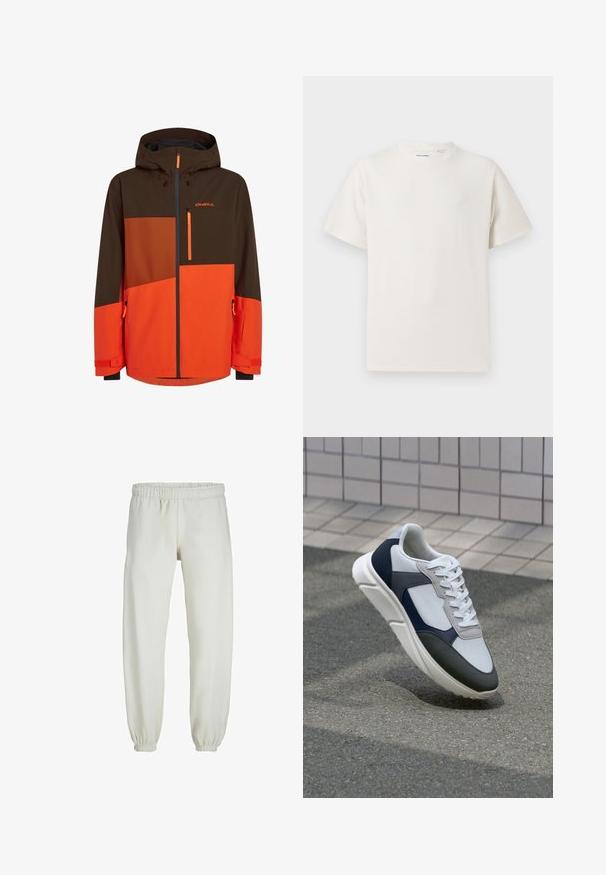 Smučarska jakna s kapuco, ki ima rjavo in oranžno blokiranje barv, z zadrgami na žepih in nastavljivimi manšetami. Narejena iz trpežnega, vremensko odpornnega materiala.; Bela majica s kratkimi rokavi iz rebraste tkanine. Okrogli izrez, sproščen kroj, brez vidnih vzorcev ali naglasov. Preprosta in vsestranska zasnova.; Bele trenerke narejene iz mehkega blaga, z elastičnim pasom in manšetami, gladke teksture in ohlapnega kroja.; Bela, mornarsko modra in siva športna obutev z mešano materialno zasnovo, ki vključuje teksturirano zgornji del, ravne vezalke in oblazinjen podplat.