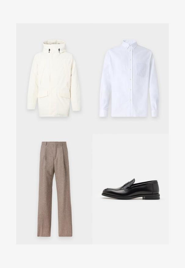 Valkoinen huppari, jossa on vetoketju, kaksi etutaskua ja hieman teksturoitu kangas. Sisältää säätötulpat.; Valkoinen pitkähihaista napillista paitaa, joka on valmistettu puuvillasta. Paita sisältää rinnan kohdalla taskun, jossa on samaa sävyä oleva brodeeraus, kauluksen sekä napilliset hihansuut.; Ruskejat, korkeavyötäröiset housut, jotka on valmistettu teksturoidusta kankaasta. Ominaisuuksina ovat leveät lahkeet ja kaksi etupuolelle ommeltua laskosta rakenteen tukemiseksi. Siisti viimeistely ilman näkyvää metalliosaa.; Mustat nahkakengät, joissa on sileä pinta, pyöreä kärki ja koristeellinen nauha jalkapöydän yli. Matala pinoitu koroke, minimalistinen muotoilu.