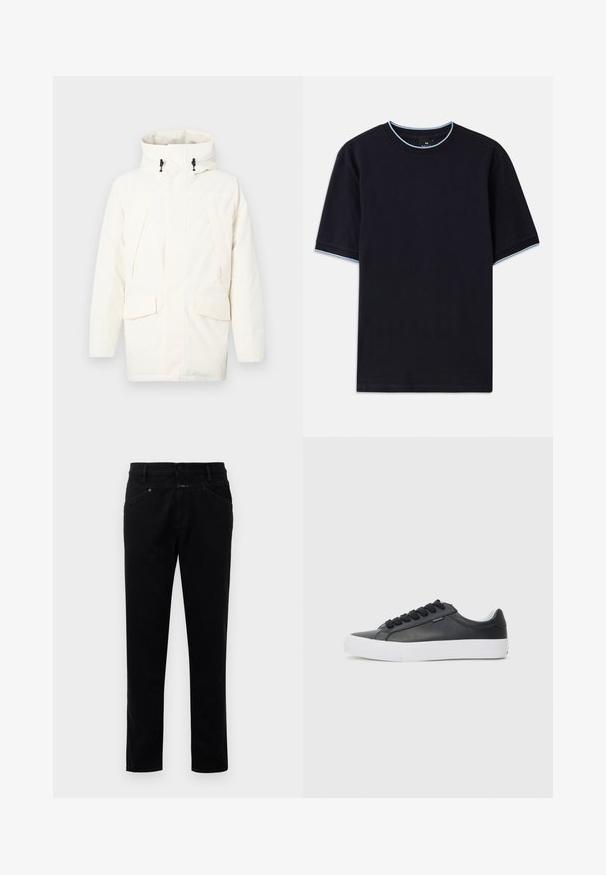 Bijela kapuljača s kapuljačom koja ima zatvaranje na patentni zatvarač, dva prednja džepa i blago teksturirani materijal. Uključuje čvoriće za podešavanje.; Tamno plava kratka majica s kapućinom, s okruglim izrezom, s svijetloplavim detaljima na ovratniku i rukavima. Izrađena od mekog pamučnog materijala.; Crne traperice s ravnim nogavicama, s kopčanjem na gumb, pet džepova i glatkom teksturom.; Crna kožna tenisica s bijelim gumeni potplat, okrugli vrh i crne vezice, s glatkom teksturom i minimalističkim dizajnom.