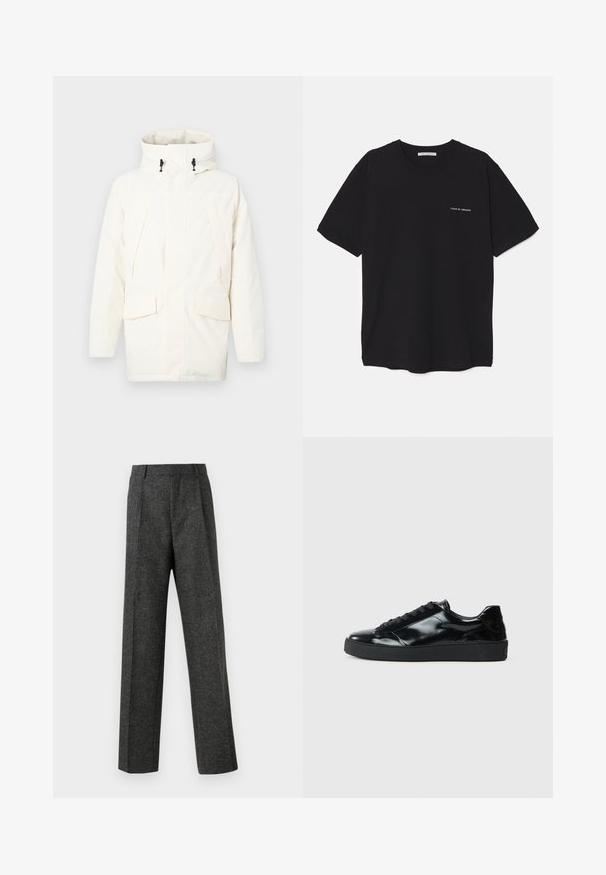 Balta gobtuvė su užtrauktuku, dviem priekinėmis kišenėmis ir šiek tiek tekstūruota medžiaga. Įtraukite reguliavimo raiščius.; Juoda medvilninė marškinėlė su apykakle, trumpomis rankovėmis ir baltu logotipu kairėje krūtinės pusėje. Paprastas, vientisas spalvų dizainas.; Pilki pritaikyti kelnių modeliai, pagaminti iš tekstūruotos medžiagos, su dviem priekiniais klostėmis ir tiesiogine kojų forma. Nėra matomų kišenių ar puošybų.; Juodos lakinės odos sportbačiai su apvaliu pirštu, raištelių užsegimu, tekstūruotu guminiu padu ir lygiu paviršiumi.