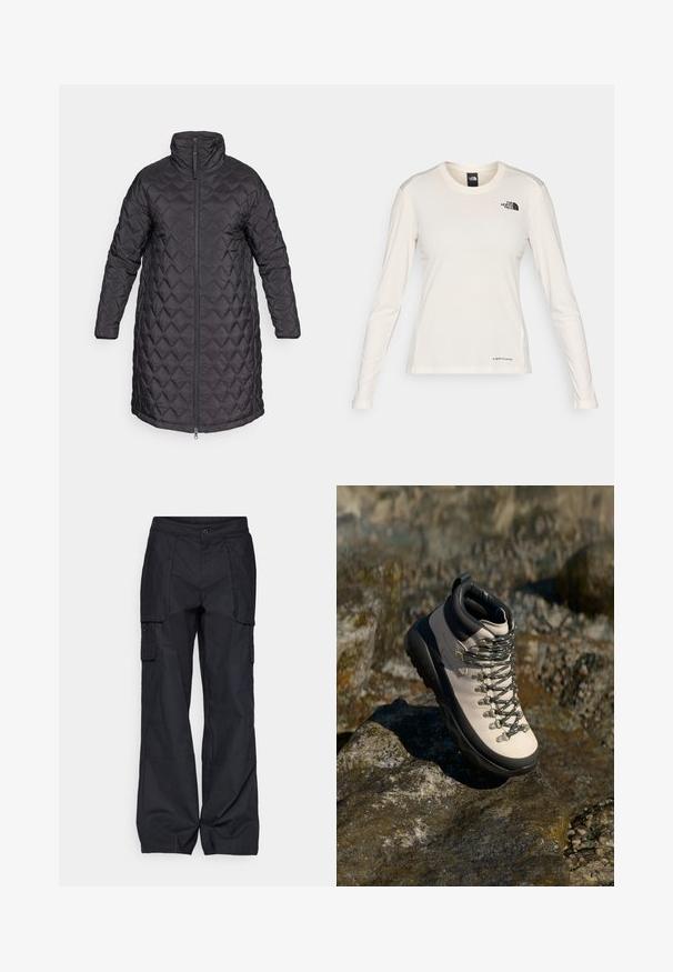 Juodas siuvinėtas pūkų paltas su aukštu apykakle ir pilnu priekiu užtrauktuku, dekoruotas deimanto raštu ir ilgomis rankovėmis. Lygus paviršius, kelnių ilgio fasonas.; The North Face SHADOW LONG SLEEVE - Ilgarankovis viršutinės dalies drabužis - white dune; Columbia BREA FALLS™ COTTON RIPSTOP PANT - Lauko kelnės - black; Šviesiai smėlio spalvos turizmo batai su juodu guminio pado, lankstus viršus, metaliniai akių laikikliai ir pilkos raišteliai, padėti ant akmenuoto paviršiaus.