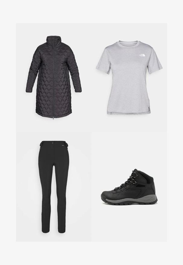 Melna iešsūta pūķa mēteli ar augstu apkakli un pilnu priekšējo rāvējslēdzēju, ar dimanta rakstu un garām piedurknēm. Gluda tekstūra, līdz ceļiem garš dizains.; Pelēks īsām piedurknēm T-krekls, kas izgatavots no mīksta, mitrumu noturoša auduma. Tam ir apaļš kakls un neliels balts logo kreisajā augšējā stūrī.; Melni, pieguļoši bikses, izgatavotas no elastīga materiāla. Iespējas ietver rāvējslēdzēju sānu kabatu, ar artikulētām ceļgaliem un gludu tekstūru.; Melni pārgājienu zābaki ar vidēju augstumu, ar teksturētu augšdaļu, pelēkiem akcentiem un izturīgu gumijas zoli ar saķeres izvirzījumiem.