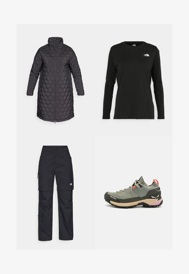 Sorte, quiltet boblekåpe med høy krage og hel frontlynlås, med diamantmønster og lange ermer. Glatt tekstur, kne-lengde design.; Svart langermet T-skjorte laget av bomull med rund hals. Har en liten hvit logo på venstre brystområde. Enkelt design og passform.; Svarte nylon cargo-bukser med glidelås og justerbare mansjetter, flere lommer og en logo på høyre bein. Glatt, lett tekstur.; Lettvekts grønn tur-sko laget av mesh og gummimaterialer, svart såle med godt grep, rosa og oransje detaljer, og forsterket tåhette.
