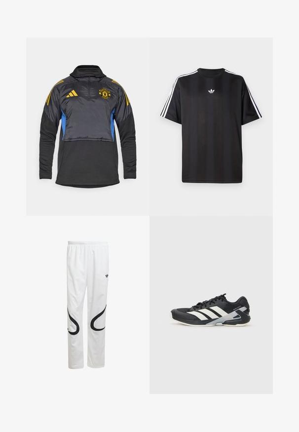Black and blue athletic pullover with high collar, quarter zip, and elastic cuffs. Features yellow Adidas stripes and Manchester United logo.; Black short-sleeve t-shirt with white three-stripe detailing on shoulders and a small white logo on the chest. Smooth fabric texture.; White athletic pants with a smooth texture, featuring black curved designs on the sides and a black logo near the waistband.; Black athletic shoe with white stripes, mesh upper, rounded toe, and cushioned sole. Features a textured heel and secure lacing system.