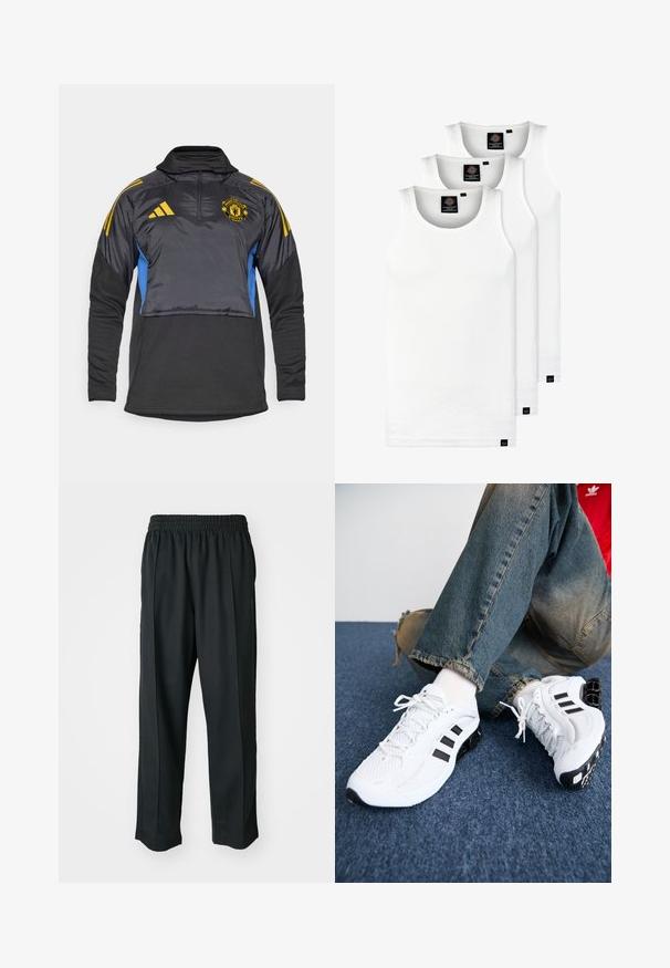 Sort og blå atletisk pullover med høj krave, kvart lynlås og elastiske manchetter. Har gule Adidas-striber og Manchester United-logo.; Tre hvide ribbede tanktops lavet af bomuld. Har en rund hals og små sorte mærker nær sømmen. Fås i flere størrelser.; Sorte træningsbukser med elastisk talje, lavet af glat stof, med diskrete sidesyninger og en afslappet pasform, lige ben design.; Hvide mesh sportsko med sorte accenter, der har et struktureret design og en særpræget sål, parret med blå denimjeans.