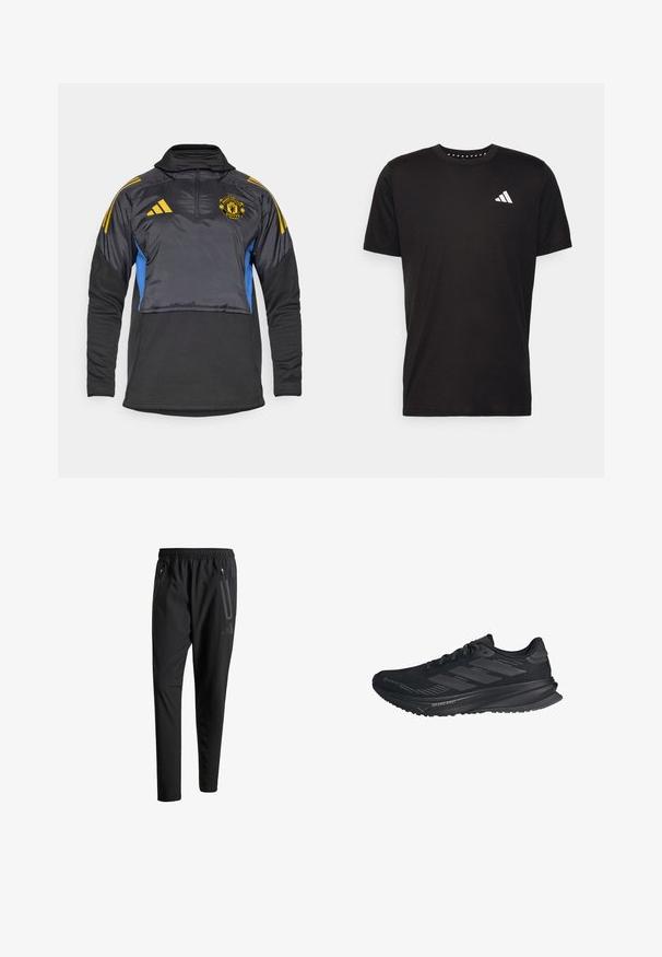 Pull-over sportif noir et bleu avec col montant, fermeture à glissière quart et poignets élastiques. Présente des rayures jaunes Adidas et le logo de Manchester United.; T-shirt en coton noir à manches courtes, décolleté rond et logo blanc sur la poitrine gauche. Texture lisse et design simple.; Pantalons de sport noirs avec une taille élastique, deux poches latérales zippées, des jambes fuselées et un détail de logo subtil sur la hanche.; Chaussure de course noire Adidas avec un dessus en Gore-Tex, trois bandes sur le côté et "Dreamstrike" sur la semelle, vue de l'extérieur.