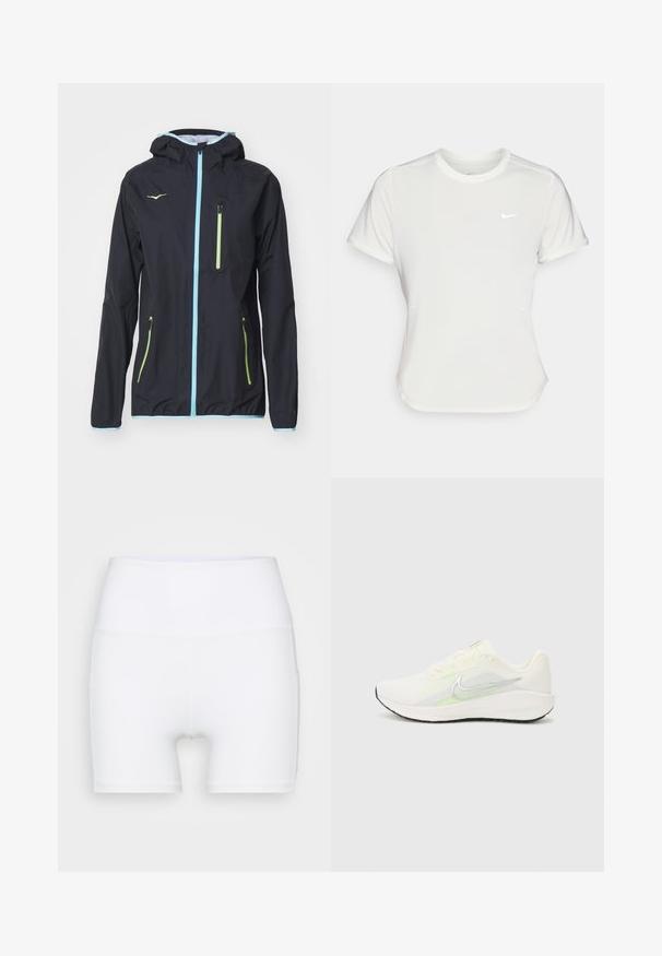 Juodas vandeniui atsparus džemperis su kapišonu, su priekiniais užtrauktukais, šviesiai mėlynomis detalėmis ir dviem užtrauktukais uždaromomis kišenėmis su žaliomis detalėmis. Lygi tekstūra.; Nike marškinėliai balti, trumpomis rankovėmis, apvaliu iškirpimu, pagaminti iš lygaus, lengvo audinio. Yra subtilus logotipas ant krūtinės.; Balti aukšto juosmens šortai, pagaminti iš elastingos medžiagos. Yra lygus paviršius ir prigludęs siluetas, be papildomų raštų ar detalių.; Nike Performance DOWNSHIFTER 13 - Bėgimo batai plentui - sail/silver-coloured photon dust/summit white/barely volt/black