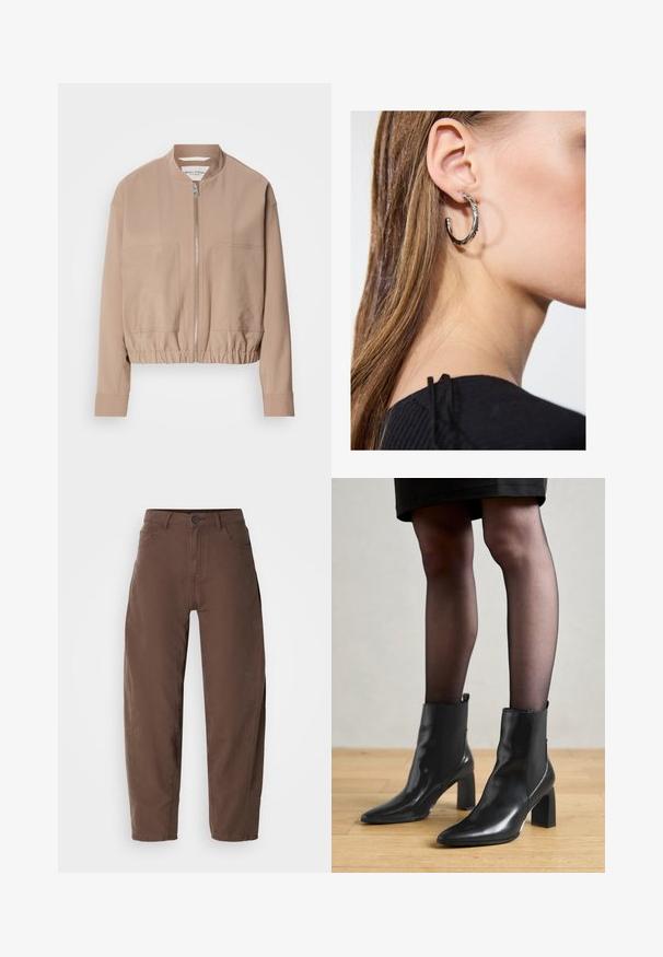 Beige bomber jacket valmistettu kevyestä kankaasta, jossa on vetoketjukiinnitys, ribbiohje ja kaksi etutaskua. Korkea kaulussuunnittelu.; Mustat neuleet paita, jossa on pyöreä pääntie, putoavat olkapäät ja resorit. Sileä rakenne ja rento, laatikkomainen istuvuus.; Ruske su ravne hlače s prednjim dugmetom i zatvaračem, petljama za remen i bočnim džepovima, prikazane na bijeloj pozadini.; Mustat nahkasaappaat nilkkamittaisella varrella, terävässä kärjessä, paksussa neliömassassa ja tyylikkäässä muotoilussa. Varustettu joustavilla sivupaneeleilla, jotka helpottavat pukemista.; Hopea renkaankorvakoru kiiltävällä pinnalla, jossa on pieniä kultaisia yksityiskohtia ja pyöreä muoto, käytetty korvalla.