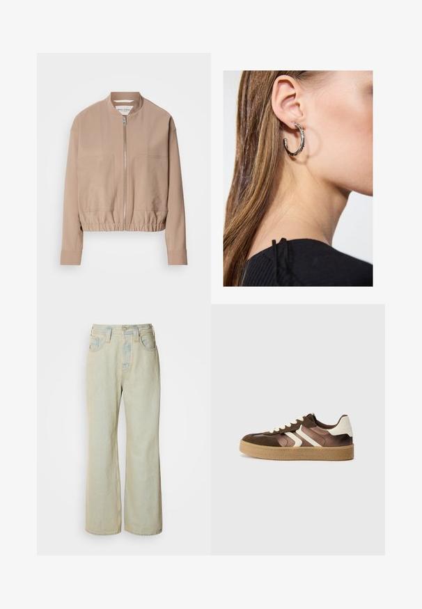 Beżowa kurtka bombowiec wykonana z lekkiego materiału, z zamkiem błyskawicznym, prążkowanym wykończeniem i dwiema przednimi kieszeniami. Wysoki kołnierz.; Czarny top na ramiączkach wykonany z miękkiego, rozciągliwego materiału. Posiada okrągły dekolt i szerokie ramiączka, ma dopasowany krój oraz gładką fakturę.; Jasnoniebieskie dżinsy typu wide-leg, wykonane z denimu, z wysokim stanem, pięcioma kieszeniami oraz subtelnym wyblaknięciem i kontrastowymi przeszyciami.; Brązowe i kremowe trampki wykonane z połączenia zamszu i satyny, z trzema ukośnymi paskami oraz teksturowaną gumową podeszwą.; Srebrny kolczyk w kształcie koła z polerowanym wykończeniem, z małymi złotymi akcentami, noszony na płatku ucha.