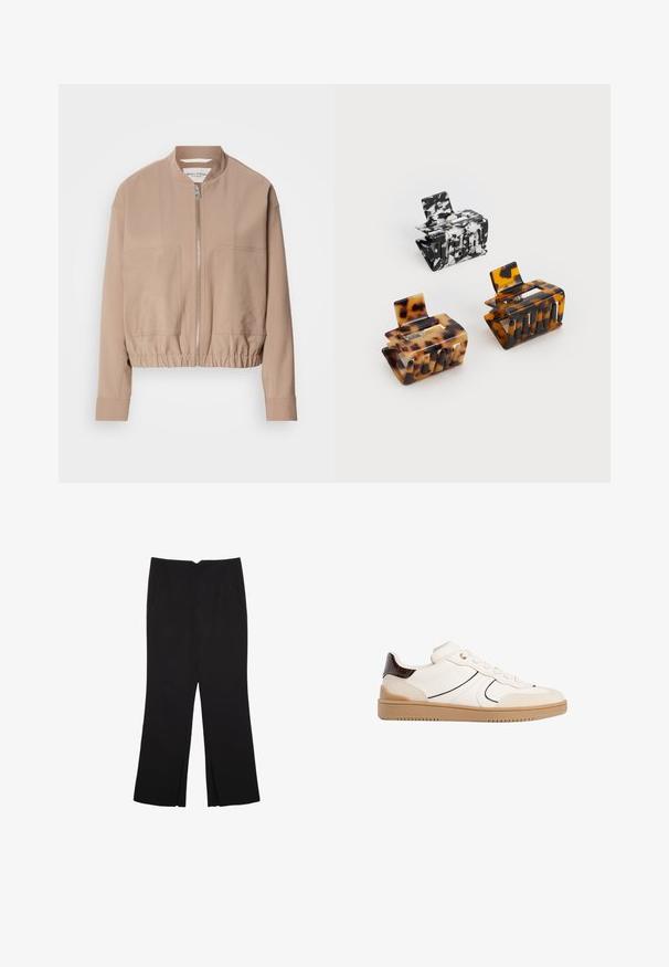 Bež bomber jakna izrađena od lagane tkanine, s patentnim zatvaračem, rebrastim rubom i dva prednja džepa. Dizajn s visokim ovratnikom.; Crni pamučni materijal s glatkom teksturom i okruglim izrezom, s nježnim, ravnomjernim uzorkom. Nema vidljivih logotipa ili akcenata.; Crne hlače ravnog kroja, s prednjim džepovima i bočnim prorezima na rubu. Izrađene od mekog i glatkog materijala. Pogodne za razne prigode.; Stradivarius Tenisice - white; Tri čašice za kosu: jedna crno-bijela mramorna, dvije žirafe u smeškim i crnim nijansama, sve izrađene od sjajnog plastike s teksturiranom završnom obradom.