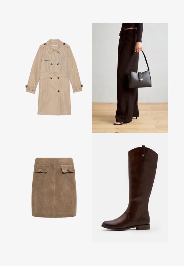 Impermeabil din țesătură netedă de culoare bej, cu un design dublu-butonat, nasturi mari, o curea și buzunare cu clapetă.; Cămașă lungă maro cu mâneci lungi, având un decolteu larg și un detaliu nod pe o parte, confecționată dintr-un material moale, texturat.; Fustă mini din ante maro, cu o textură netedă, având două buzunare cu clapetă în față și închideri cu buton pe fiecare parte. Design simplu și drept.; Cizme maro până la genunchi, fabricate din piele netedă, cu vârful rotund, toc mic și o subtilă broderie pe laterale.; Genți negre cu o formă structurată, textură netedă și un închizător metalic. Asortată cu pantaloni negri largi și sandale cu vârf deschis pe un podea din lemn.