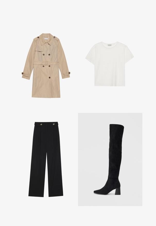 Bež trench coat, mis on valmistatud siledast kangast, millel on topelt-kinnitatud disain, suured nupud, vöö ja klapp-taskud.; Valge lühikeste varrukatega t-särk, mis on valmistatud pehmest puuvillast. Omab ümmargust kaelust ja mugavat lõiget. Puhtad jooned, ilma nähtavate mustrite või aktsentideta.; Mustad laiad püksid kõrge vöökoha ja nööpdetailidega vööandil, esikortsudega.; Must must ümberpööratud musta nahast põlve kõrgune saapad blokknõelaga, terava varbaga ja sujuva, õmblusteta disainiga, asetatud heledale taustale.