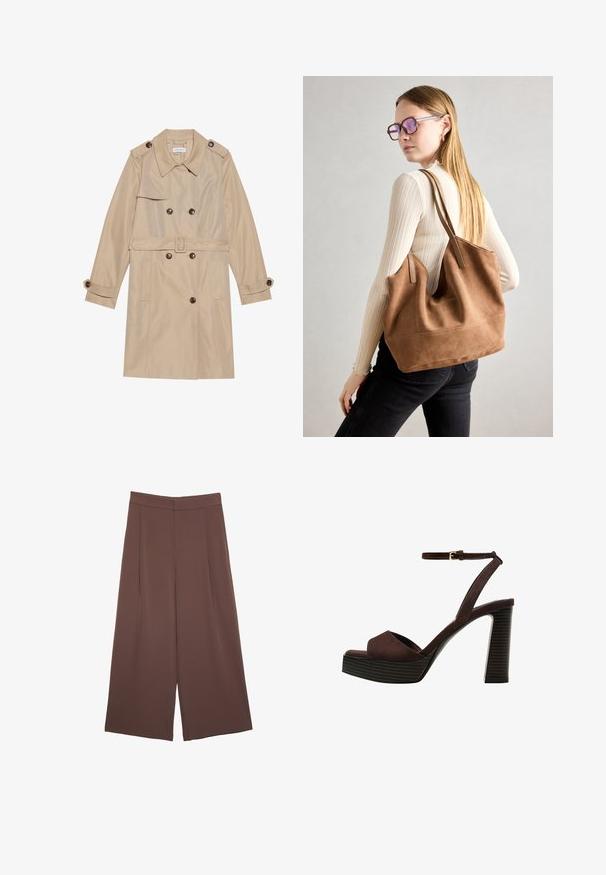 Beżowy trencz wykonany z gładkiego materiału, z podwójnym zapięciem, dużymi guzikami, paskiem i kieszeniami z klapkami.; Brązowy bawełniany t-shirt z krótkimi rękawami i głębokim dekoltem w kształcie litery V. Prosty design, miękka faktura i prosty krój u dołu. Brak wzorów i akcentów.; Brązowe spodnie o szerokich nogawkach z gładką fakturą, z wysokim stanem i plisami z przodu. Materiał jest lekki i luźno opada.; Brązowe zamszowe sandały na wysokim obcasie z odkrytymi palcami, regulowanym paskiem na kostce i paskowatą podeszwą.; Brązowa torebka typu tote wykonana z zamszu o miękkiej teksturze, z dużym otwarciem i długimi paskami. Charakteryzuje się prostym designem z widocznymi szwami i bez elementów metalowych.