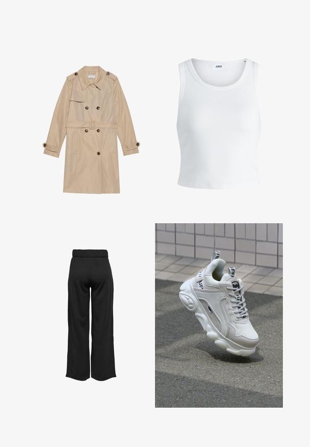 Bēšas mantiņas ar dubultu pogu dizainu, izgatavotas no gluda auduma, ar lielām pogām, jostu un kabatām ar atloku.; Balts ribots topiņš ar apaļu kakla izgriezumu, bez piedurknēm un īsā garumā. Uz birkas ir rakstīts "JJXX." Gluda auduma tekstūra.; Melnas, platas bikses ar elastīgu jostu, izgatavotas no gludas auduma. Iespējamā tīra dizaina ar bez kabatām un redzamām šuvēm.; Baltas sneakers ar sieta un ādas materiāliem, noapaļota purngala, bieza zole, izteiksmīgas šnīres un zīmols uz papēža un mēles.