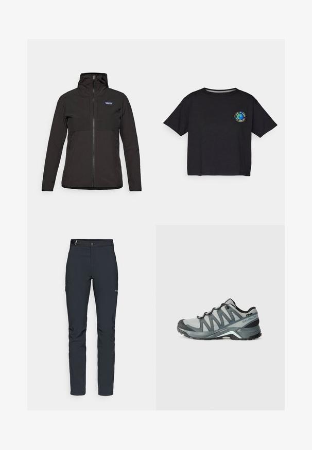 Black Patagonia zip-up jacket with hood, long sleeves, front pockets, and a small logo on the upper left chest.; Black cotton short-sleeve T-shirt featuring a circular multicolored logo on the chest. Straight hem and relaxed fit.; Men's outdoor pants, dark gray, made from flexible material, featuring a belt, zippered pockets, and reinforced stitching.; Lightweight hiking shoes in gray mesh with dark accents. Features a textured outsole and a cushioned heel for comfort and grip.