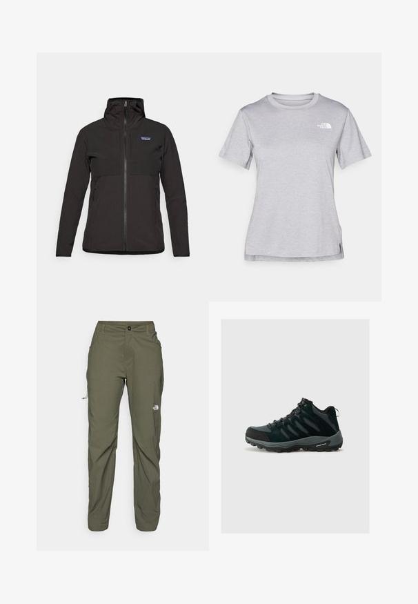 Giacca zip-up nera della Patagonia con cappuccio, maniche lunghe, tasche frontali e un piccolo logo sul lato sinistro del petto.; T-shirt grigio a maniche corte realizzato in morbido tessuto traspirante. Presenta un collo tondo e un piccolo logo bianco nella parte superiore sinistra.; The North Face EXPLORATION PANTS - Pantaloni outdoor - new taupe green; Columbia REDMOND - Scarpa da hiking - black/citron haze