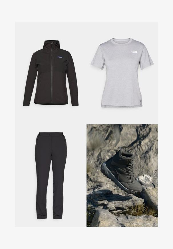 Musta Patagonia vetoketjullinen takki hupparilla, pitkät hihat, etutaskut ja pieni logo vasemmassa ylärinnassa.; Harmaa lyhythihainen t-paita, joka on valmistettu pehmeästä, kosteutta siirtävästä kankaasta. Siinä on pyöreä kaula-aukko ja pieni valkoinen logo vasemmassa yläkulmassa.; Musta ulkoiluhousut, jotka on valmistettu kevyestä kankaasta, sisältävät suorat lahkeet, vetoketjulliset sivutaskut ja säädettävän vyötärön.; Tummanharmaat vaelluskengät, jotka on valmistettu synteettisestä materiaalista. Niissä on pehmustettu kaulus, metalliset silmukat ja teksturoitu kumipohja pitävyyttä varten.