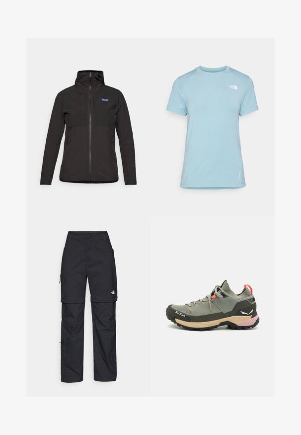 Jachetă Patagonia neagră cu fermoar, cu glugă, mâneci lungi, buzunare frontale și un mic logo pe partea stângă sus a pieptului.; Tricou scurt cu mânecă scurtă, de culoare albastru deschis, cu guler rotund. Are un material moale, mâneci raglan și un logo alb pe pieptul din stânga sus.; Pantaloni cargo din nylon negru, cu fermoar detașabil, manșete ajustabile, multiple buzunare și un logo pe piciorul drept. Textură netedă și ușoară.; Pantofii de drumeție verzi, ușori, din materiale din plasă și cauciuc, cu talpă neagră anti-derapantă, accente roz și portocalii, și vârf întărit.