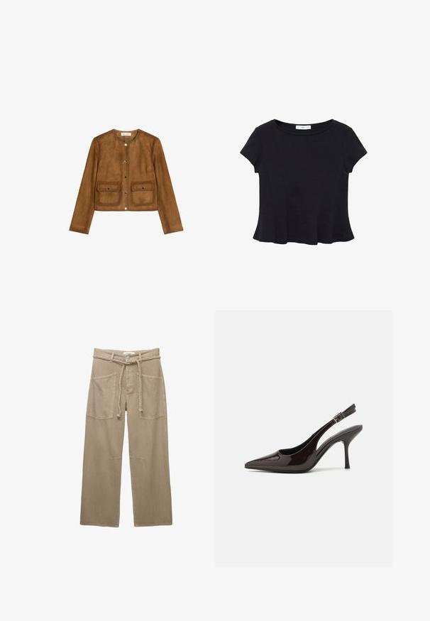 Bruine suedjasje met een ronde hals, lange mouwen en twee voorste opgestikte zakken. Heeft drukknopen en een zachte, gestructureerde afwerking.; Zwarte korte mouwen top van zacht materiaal, met een ronde halslijn en een uitlopende onderkant met subtiele naaddetail. ; Beige wijde broek gemaakt van duurzaam materiaal, met grote voorkzoekers, een gevlochten riem en subtiele stiksels.; Slingback hoge hak schoen in glanzend donkerbruin patentleer, puntige neus, open zijkanten en verstelbare enkelband.