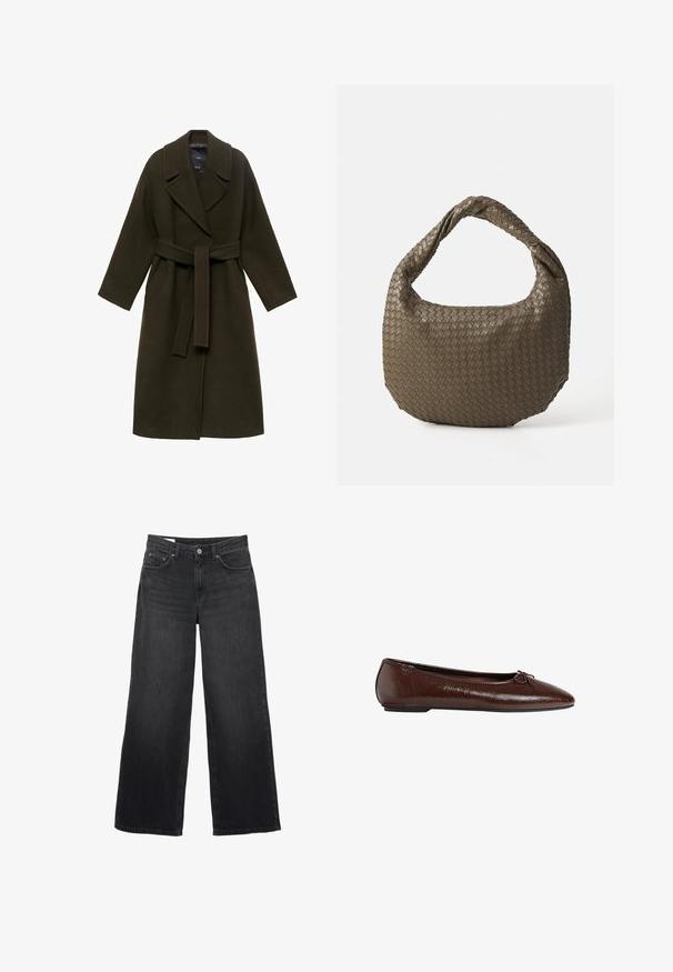 Dunkelgrüner Wollmantel mit breitem Revers, langen Ärmeln, tailliertem Gürtel und Seitentaschen, mit geradem Schnitt und weicher Textur.; Helle beigefarbene Rundhalsausschnitt-Strickjacke aus weichem Strickstoff. Mit langen Ärmeln und gerippten Bündchen, in lockerer Passform und minimalistischem Design.; Schwarze weit geschnittene Jeans aus Denim. Sie verfügen über ein klassisches Fünf-Taschen-Design, eine gerade Silhouette und einen Knopfverschluss vorne.; Braune Leder-Ballettschuhe mit glatter Textur, spitzer Zehenpartie und einer Schleifenakzentierung auf der Vorderseite, ausgestattet mit einer niedrigen schwarzen Gummisohle.; Geflochtene olivgrüne Handtasche mit runder Form und gedrehter Tragegriff. Strukturiert Oberfläche mit diagonaler Musterung. Reißverschlussverschluss.