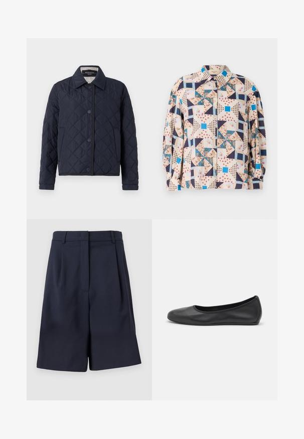 Marineblauwe gewatteerde jas met kraag, sluiting met knopen aan de voorkant en zijzakken, met een ruitpatroon en lange mouwen.; Overhemd met knopen en een patchworkontwerp met bloemen- en geometrische patronen in beige, blauw, marineblauw en rode tinten; lange mouwen.; Marineblauwe op maat gemaakte shorts van een gladde stof met een hoge taille, plooien aan de voorkant en zijzakken. Strakke, gestructureerde silhouette.; Zwarte leren ballerina met een ronde neus, gladde textuur, minimale stikdetails en een flexibele zoolontwerp.