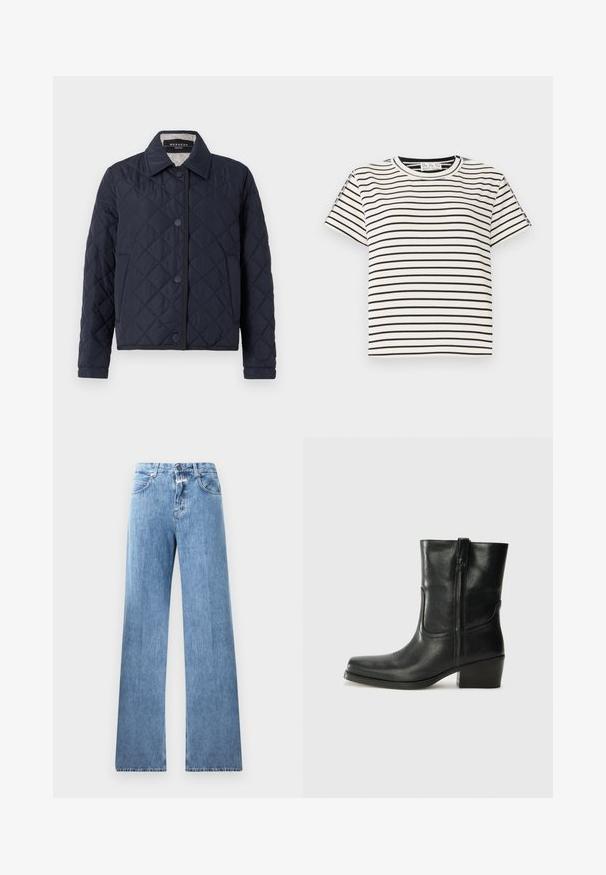 Navy blue quilted jacket with collar, front button closure, and side pockets, featuring diamond stitching pattern and long sleeves.; Cotton short-sleeve T-shirt with a crew neckline, featuring black vertical stripes on a white background and a straight cut design.; Light blue denim jeans with a wide-leg design, five pockets, belt loops, and a button closure. The fabric has a smooth texture.; Black leather ankle boot with a rounded toe, block heel, side zipper, and stitching accents on the vamp. Smooth texture, classic design.
