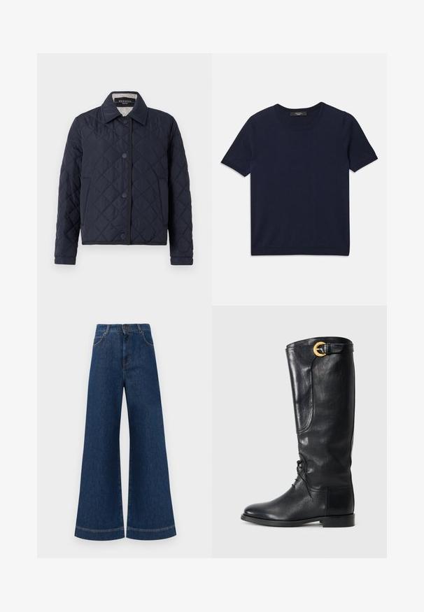 Navy blue quilted jacket with collar, front button closure, and side pockets, featuring diamond stitching pattern and long sleeves.; Navy blue short-sleeve T-shirt made of soft fabric, featuring a round neckline and ribbed edges, smooth texture, and no visible patterns.; Wide-leg blue denim jeans with a high waist, featuring a button closure, belt loops, and subtle stitching details along the pockets and hems.; Black leather knee-high boot with a rounded toe, lace-up front, side detail, and a gold accent buckle at the top. Smooth texture.