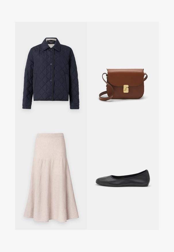 Tamnoplavi pamučni kaput s ovratnikom, prednjim kopčanjem na dugmad i bočnim džepovima, s uzorkom dijamantskog šivanja i dugim rukavima.; Bijela majica s kratkim rukavima izrađena od rebraste tkanine. Okrugli izrez, klasičan kroj i suptilni detalji šivanja. Bez uzoraka ili grafika.; Svijetlobéž suknja trapeznog kroja izrađena od mekog tkanja, s visokim strukom i naboranim dizajnom te lepršavim siluetom.; Crne kožne baletanke s zaobljenim vrhom, glatke teksture, minimalnim detaljima šavova i fleksibilnim dizajnom potplata.; Smeđa kožna torba s preklopom, zlatnim detaljima, remenom za nošenje preko ramena i glatkom teksturom. Kompaktni pravokutni oblik.