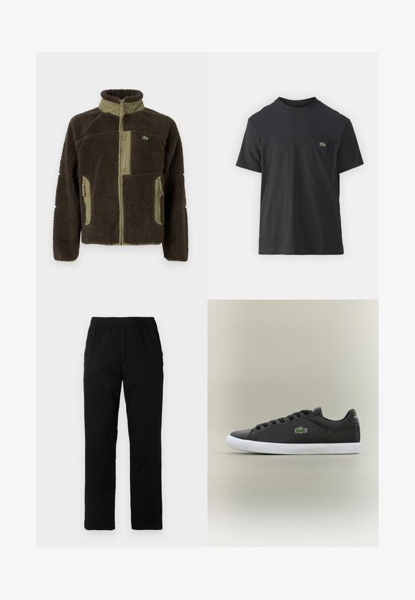 Giacca in fleece marrone scuro con colletto alto, dettagli verde oliva, chiusura zip frontale e tasche laterali, e una superficie morbida e texturizzata.; T-shirt in cotone nero con maniche corte, scollatura rotonda e un piccolo logo verde sul taschino sinistro. Design semplice, vestibilità regolare.; Pantaloni neri realizzati in un tessuto misto cotone, caratterizzati da un taglio dritto, vita elastica con bottone e senza motivi o dettagli visibili.; Sneaker nere in pelle con suola in gomma bianca, dotate di logo verde a forma di coccodrillo e lacci rotondi, design elegante con texture liscia.