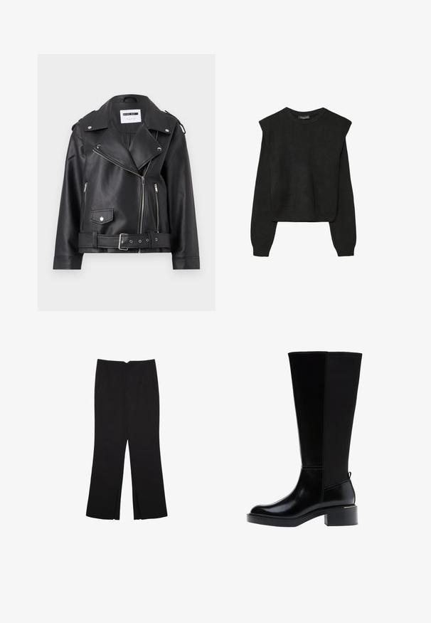 Černá bikerská bunda z umělé kůže se stříbrnými zipy, páskem v pase a epauletami. Obsahuje široký límec a asymetrické přední zapínání na zip.; Černý pletený svetr s dlouhými rukávy, vycpanými ramenními částmi a ribbovanými manžetami a lemem, zobrazený na bílém pozadí.; Černé kalhoty s rovným střihem, s předními kapsami a bočními rozparky na lemu. Vyrobené z jemné, hladké tkaniny. Vhodné na různé příležitosti.; Černá kozačka ke kolenu z hladké kůže, s výrazným prošíváním, robustním podpatkem a texturovaným zadním panelem pro větší zajímavost.